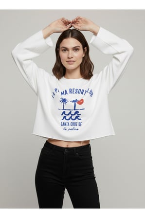 Kadın Beyaz Bisiklet Yaka Baskılı Crop Sweatshirt JF15