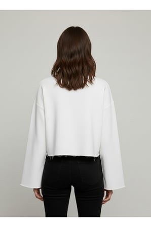 Kadın Beyaz Bisiklet Yaka Baskılı Crop Sweatshirt JF15
