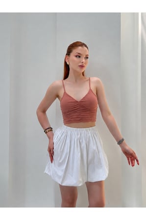 Kadın Camel Drapeli Askılı Crop Bluz JF20