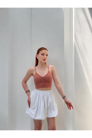 Kadın Camel Drapeli Askılı Crop Bluz JF20