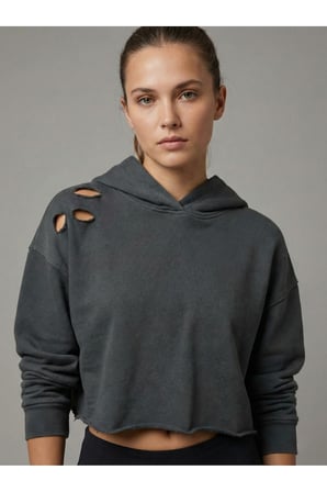 Kadın Krem Yırtık Detaylı Crop Sweatshirt NJ96