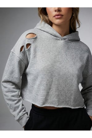 Kadın Krem Yırtık Detaylı Crop Sweatshirt NJ96