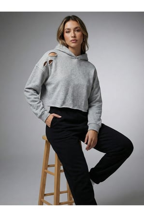 Kadın Krem Yırtık Detaylı Crop Sweatshirt NJ96