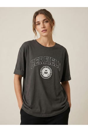 Kadın Antrasit Bisiklet Yaka Berfield Baskılı Oversize T-Shirt NJ100