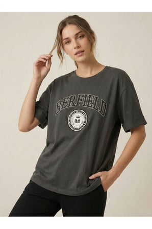Kadın Antrasit Bisiklet Yaka Berfield Baskılı Oversize T-Shirt NJ100