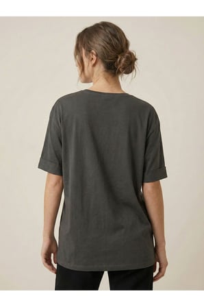 Kadın Antrasit Bisiklet Yaka Berfield Baskılı Oversize T-Shirt NJ100