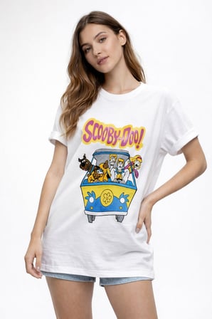 Kadın Beyaz Bisiklet Yaka Scooby-Doo Baskılı T-Shirt NJ101
