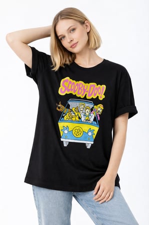 Kadın Beyaz Bisiklet Yaka Scooby-Doo Baskılı T-Shirt NJ101