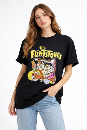 Kadın Beyaz Bisiklet Yaka The Flintstones Baskılı Oversize T-Shirt NJ102