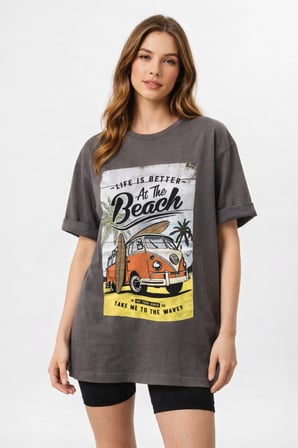Kadın Gri Bisiklet Yaka Beach Baskılı Oversize T-Shirt NJ103