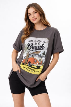Kadın Gri Bisiklet Yaka Beach Baskılı Oversize T-Shirt NJ103