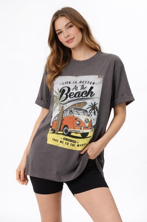 Kadın Gri Bisiklet Yaka Beach Baskılı Oversize T-Shirt NJ103