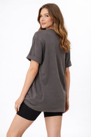 Kadın Gri Bisiklet Yaka Beach Baskılı Oversize T-Shirt NJ103