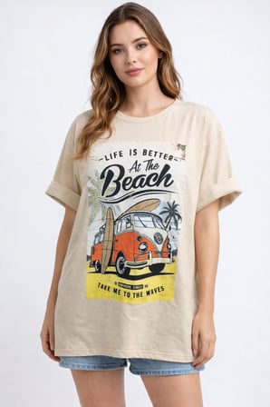 Kadın Gri Bisiklet Yaka Beach Baskılı Oversize T-Shirt NJ103