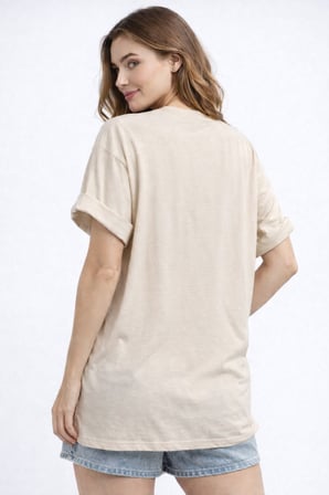 Kadın Gri Bisiklet Yaka Beach Baskılı Oversize T-Shirt NJ103