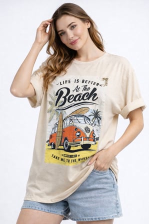 Kadın Gri Bisiklet Yaka Beach Baskılı Oversize T-Shirt NJ103