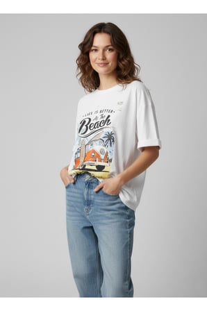 Kadın Beyaz Bisiklet Yaka Beach Baskılı Oversize T-Shirt NJ103