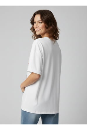 Kadın Beyaz Bisiklet Yaka Beach Baskılı Oversize T-Shirt NJ103