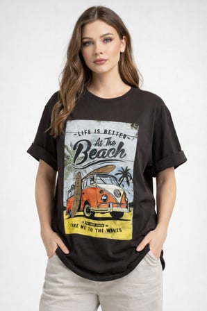 Kadın Gri Bisiklet Yaka Beach Baskılı Oversize T-Shirt NJ103