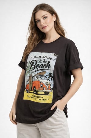 Kadın Gri Bisiklet Yaka Beach Baskılı Oversize T-Shirt NJ103