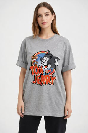 Kadın Gri Bisiklet Yaka Tom Ve Jerry Baskılı Oversize T-Shirt NJ104