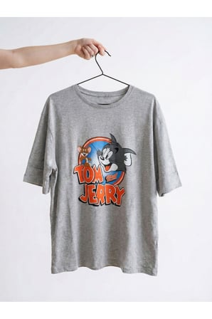 Kadın Gri Bisiklet Yaka Tom Ve Jerry Baskılı Oversize T-Shirt NJ104