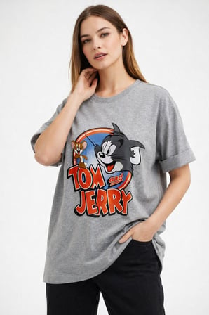 Kadın Gri Bisiklet Yaka Tom Ve Jerry Baskılı Oversize T-Shirt NJ104