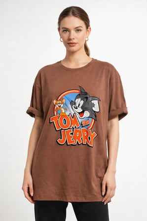 Kadın Kahverengi Bisiklet Yaka Tom Ve Jerry Baskılı Oversize T-Shirt NJ104