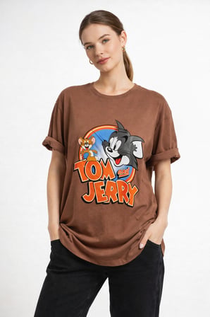 Kadın Kahverengi Bisiklet Yaka Tom Ve Jerry Baskılı Oversize T-Shirt NJ104