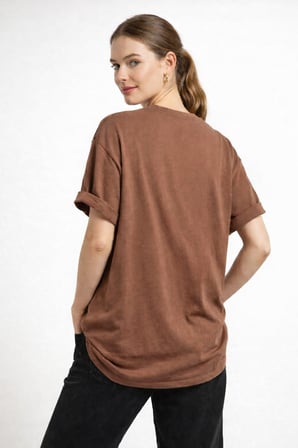 Kadın Kahverengi Bisiklet Yaka Tom Ve Jerry Baskılı Oversize T-Shirt NJ104