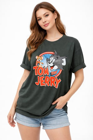 Kadın Gri Bisiklet Yaka Tom Ve Jerry Baskılı Oversize T-Shirt NJ104