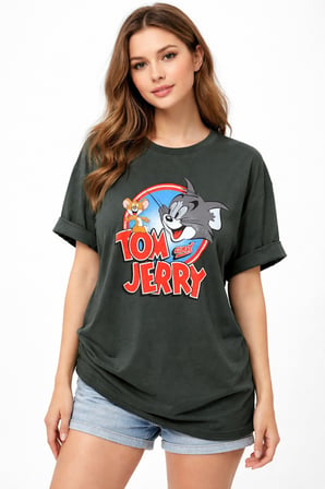 Kadın Gri Bisiklet Yaka Tom Ve Jerry Baskılı Oversize T-Shirt NJ104