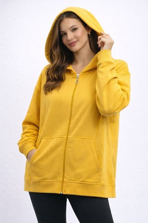 Kadın Bej 3 İplik Kapüşonlu Fermuarlı Oversize Sweatshirt NJ105