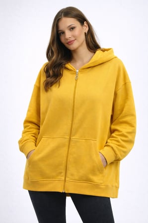Kadın Bej 3 İplik Kapüşonlu Fermuarlı Oversize Sweatshirt NJ105