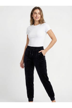 Kadın Siyah Beli Bağcıklı Kadife Jogger Eşofman Altı NJ109