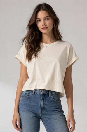 Kadın Sarı Bisiklet Yaka Kısa Basic T-Shirt NJ112