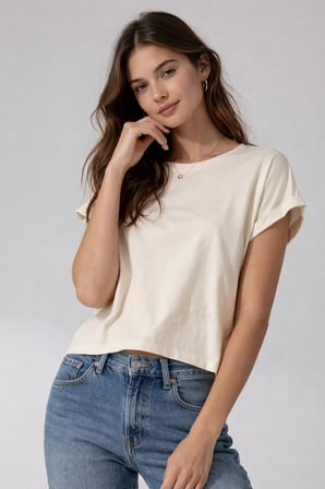 Kadın Sarı Bisiklet Yaka Kısa Basic T-Shirt NJ112