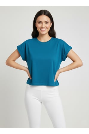 Kadın Sarı Bisiklet Yaka Kısa Basic T-Shirt NJ112
