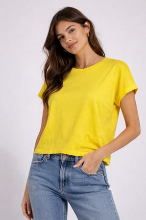 Kadın Sarı Bisiklet Yaka Kısa Basic T-Shirt NJ112