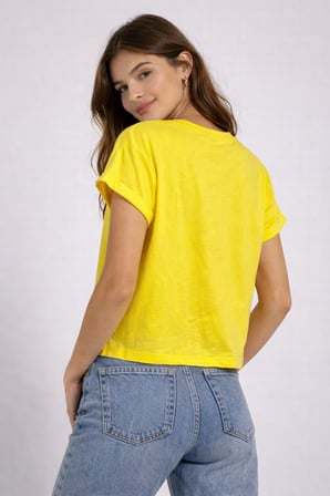 Kadın Sarı Bisiklet Yaka Kısa Basic T-Shirt NJ112