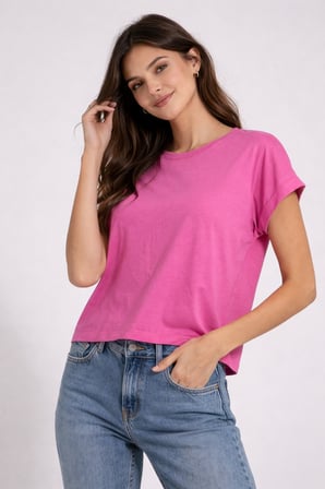 Kadın Sarı Bisiklet Yaka Kısa Basic T-Shirt NJ112