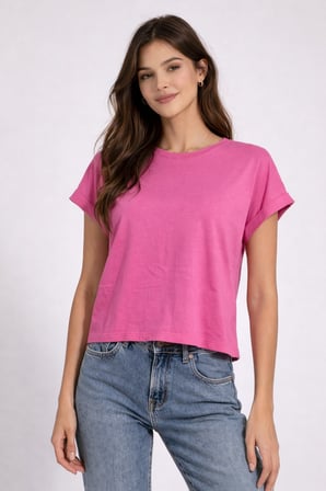 Kadın Sarı Bisiklet Yaka Kısa Basic T-Shirt NJ112