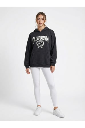 Kadın Antrasit Oversize California Baskılı Kapüşonlu Sweatshirt NJ113