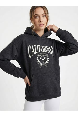 Kadın Antrasit Oversize California Baskılı Kapüşonlu Sweatshirt NJ113