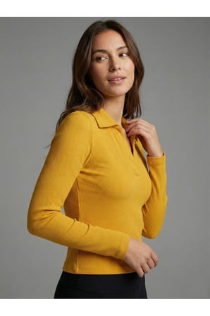 Kadın Hardal Polo Yaka Kısa Bluz NJ114