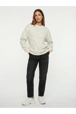 Kadın Ekru Bisiklet Yaka Desenli Oversize Sweatshirt NJ115