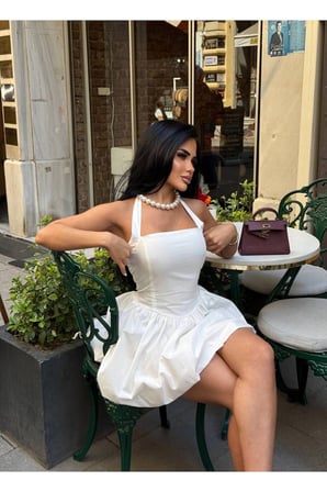 Kadın Pembe Halter Yaka Balon Mini Elbise YEL221709
