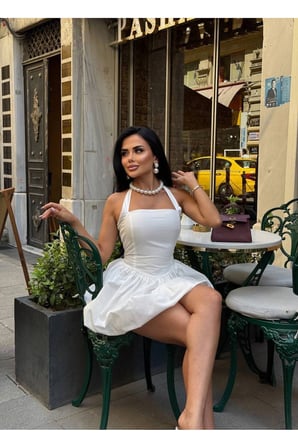 Kadın Pembe Halter Yaka Balon Mini Elbise YEL221709