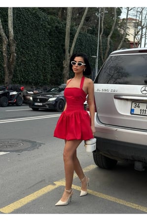 Kadın Pembe Halter Yaka Balon Mini Elbise YEL221709