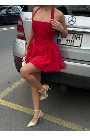 Kadın Pembe Halter Yaka Balon Mini Elbise YEL221709